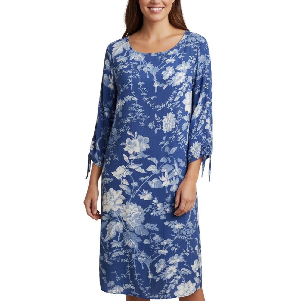 NWT H&M Women’s Dress SZ 6 Blue Floral Viscose 3/4 Sleeve Modest Workwear Church - Picture 1 of 11